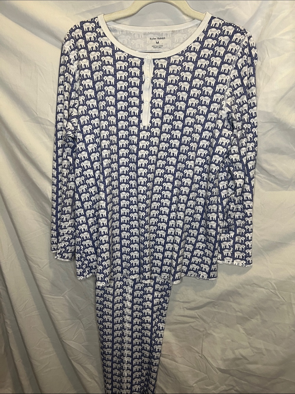 Roller Rabbit Navy & White Elephant-Print Long Sleeve Pajama Set Size Medium - Picture 2 of 11
